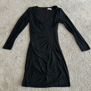 4/$20 Calvin Klein Black Sparkly Cinched Waist V Neck Knee Length Dress Small